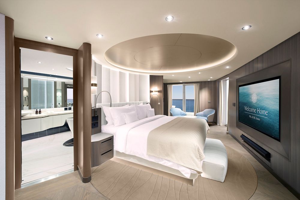 The bedroom of an Owner's Residence aboard Explora Journeys